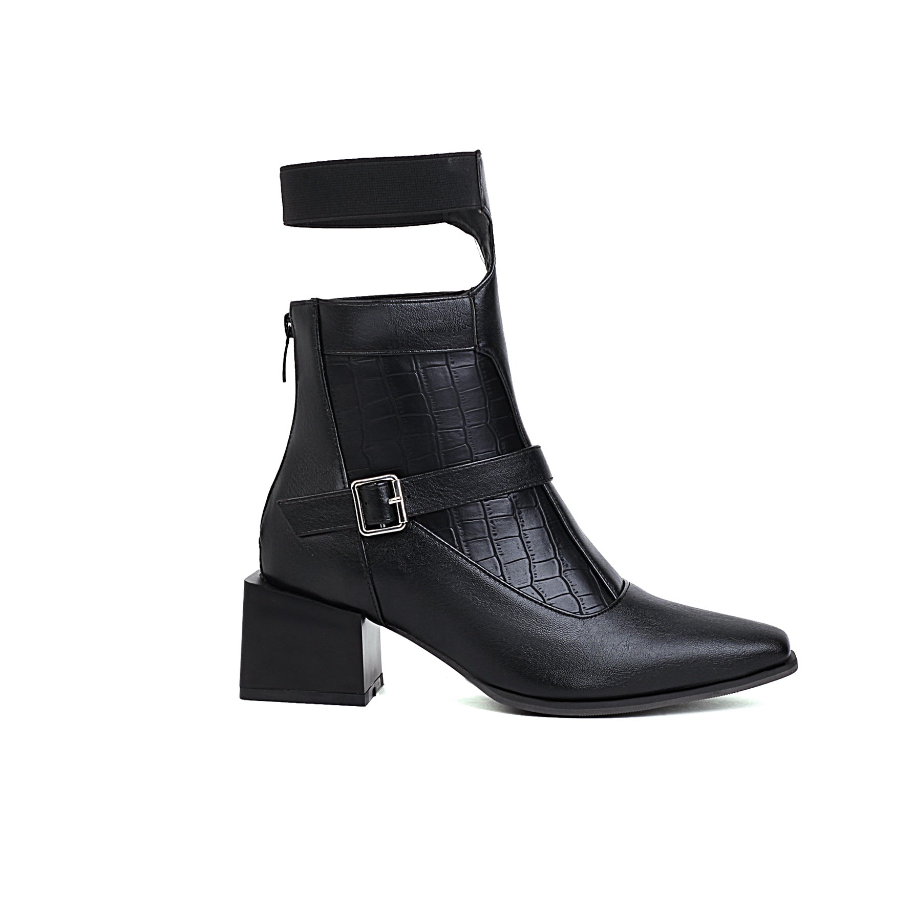 Bigsizeheels Asxl magazine square toe leather ankle boots - Black freeshipping - bigsizeheel®-size5-size15 -All Plus Sizes Available!