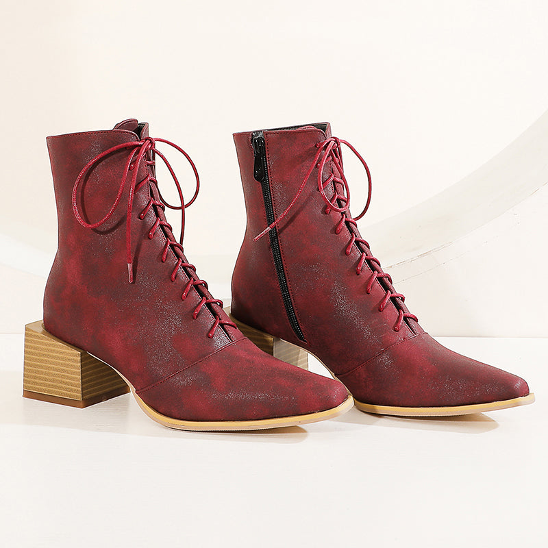 Bigsizeheels Frosted ankle boots with wooden heel straps - Red freeshipping - bigsizeheel®-size5-size15 -All Plus Sizes Available!