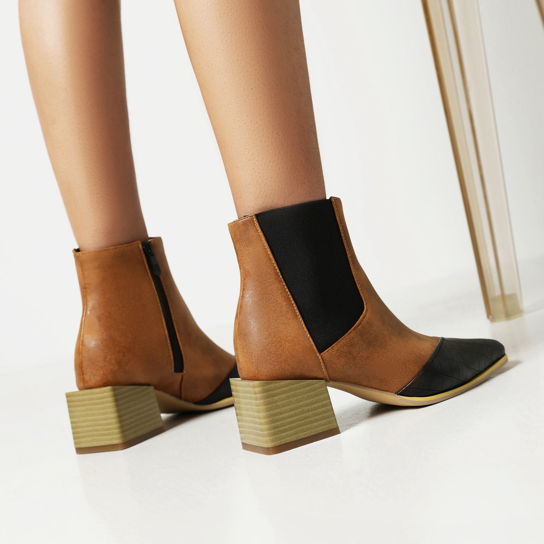 Bigsizeheels Elastic square heel ankle boots - Dark brown freeshipping - bigsizeheel®-size5-size15 -All Plus Sizes Available!