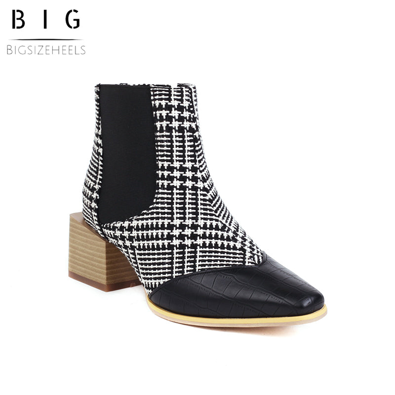 Bigsizeheels Elastic square heel ankle boots - Houndstooth freeshipping - bigsizeheel®-size5-size15 -All Plus Sizes Available!