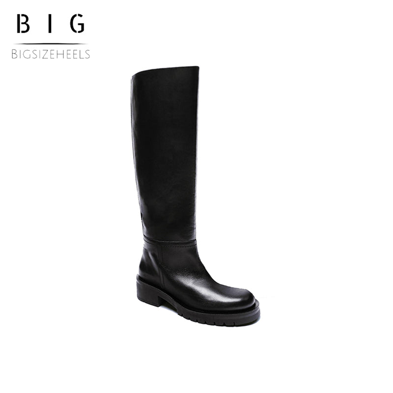 Bigsizeheels Leather round-toe wide-tube flat boots - Black freeshipping - bigsizeheel®-size5-size15 -All Plus Sizes Available!