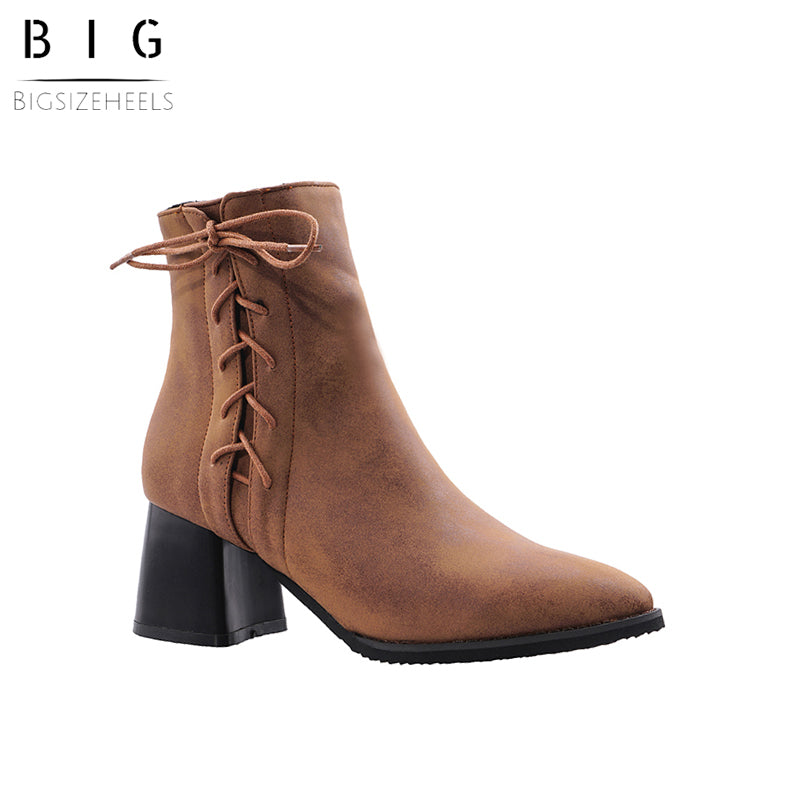 Bigsizeheels Trendy Chunky Heel Side Zipper Pointed Toe Casual Boots - Brown freeshipping - bigsizeheel®-size5-size15 -All Plus Sizes Available!