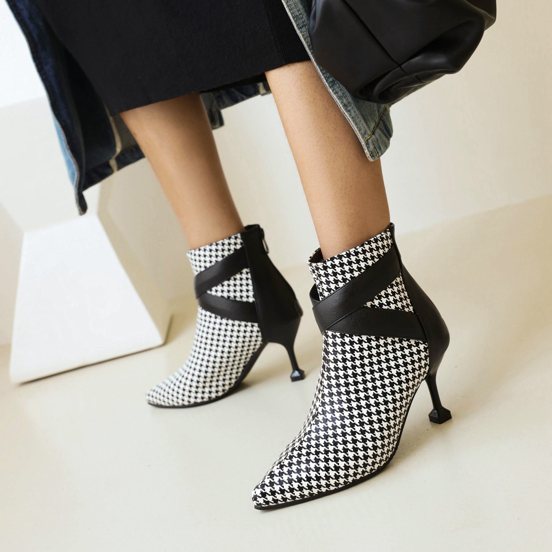 Bigsizeheels Sexy pointy zipper ankle boots - Houndstooth freeshipping - bigsizeheel®-size5-size15 -All Plus Sizes Available!