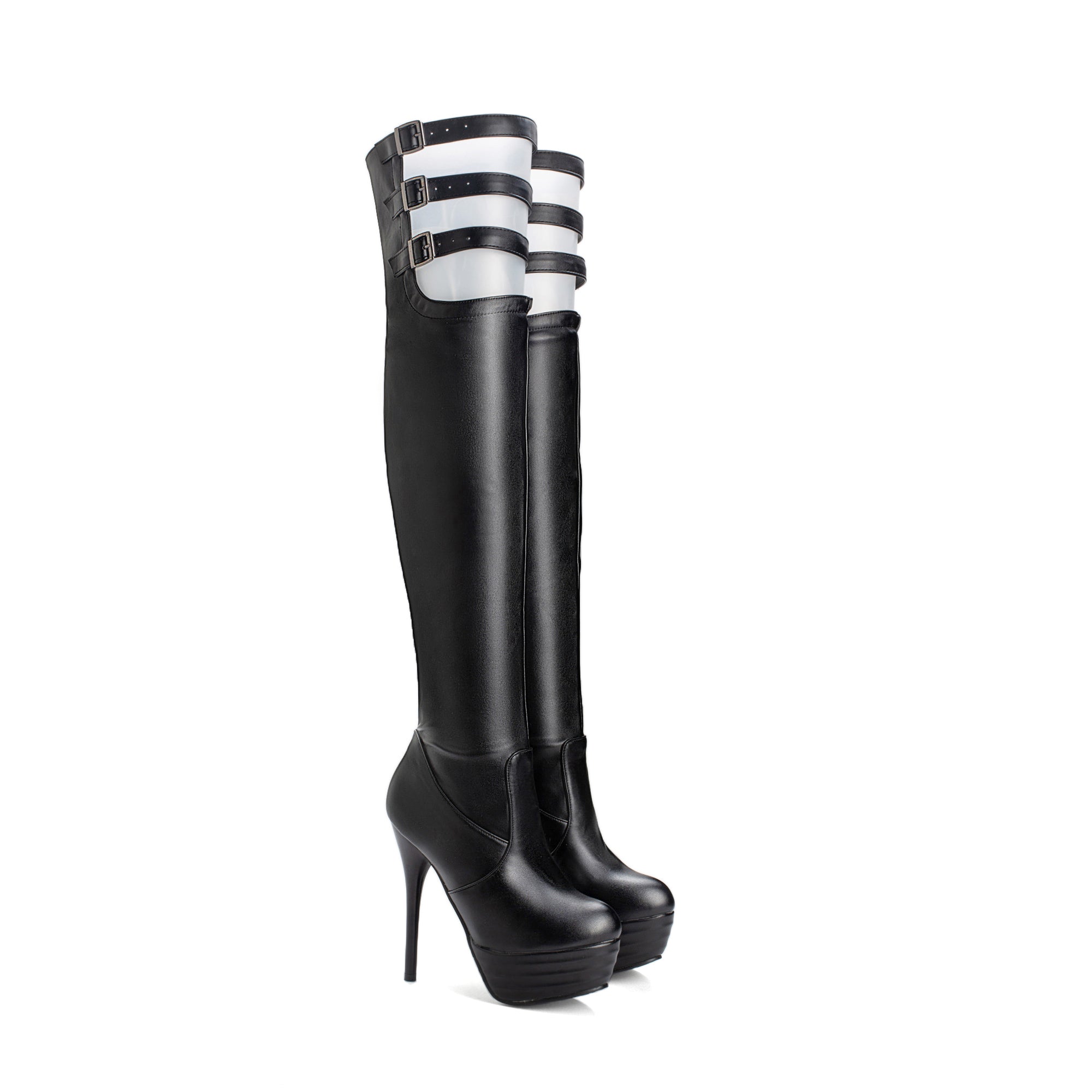 Bigsizeheels High heel over-the-knee boots with round toe waterproof platform - Black freeshipping - bigsizeheel®-size5-size15 -All Plus Sizes Available!