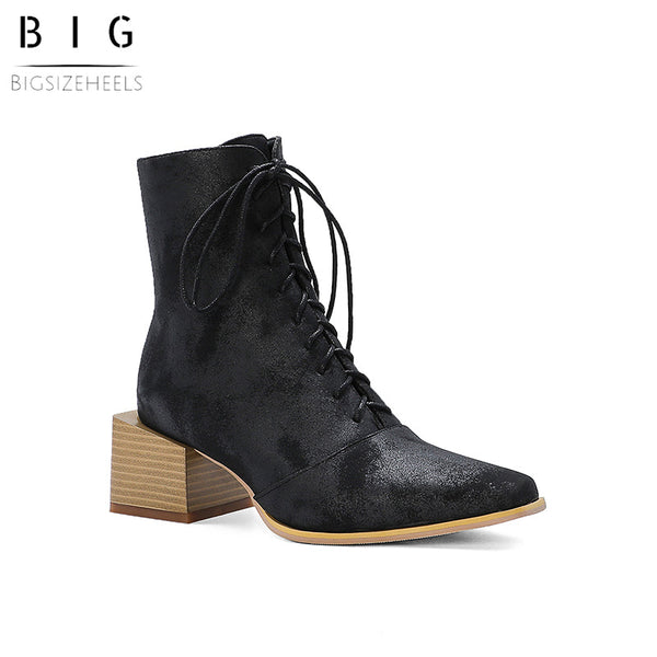Bigsizeheels Frosted ankle boots with wooden heel straps - Black freeshipping - bigsizeheel®-size5-size15 -All Plus Sizes Available!