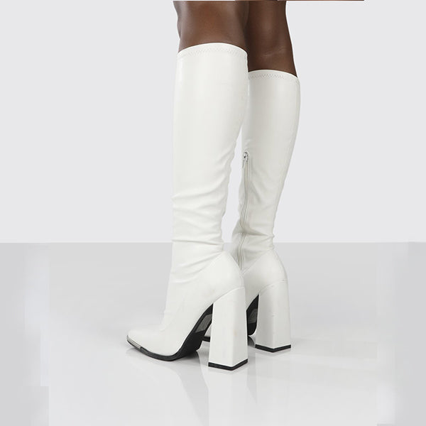 Bigsizeheels Concise square toe elastic patent leather boots -White freeshipping - bigsizeheel®-size5-size15 -All Plus Sizes Available!