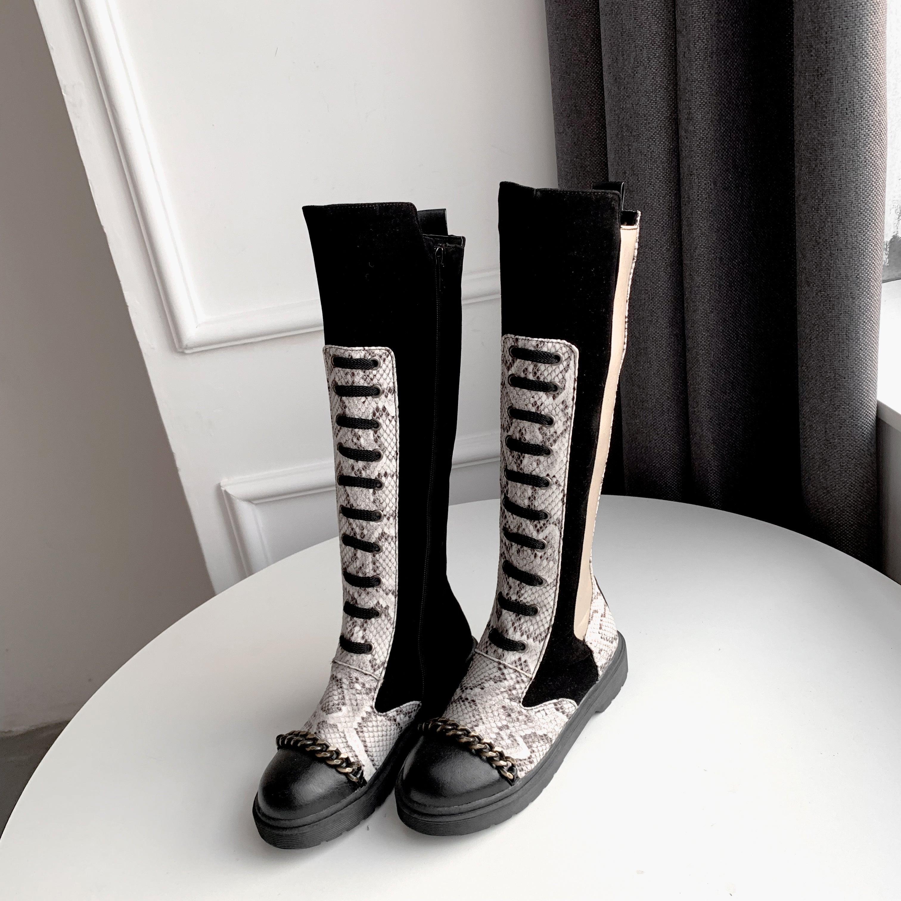 Bigsizeheels Round toe punk spliced flat boots - White freeshipping - bigsizeheel®-size5-size15 -All Plus Sizes Available!