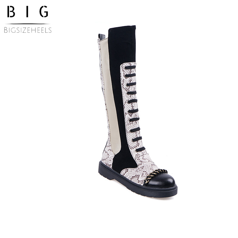 Bigsizeheels Round toe punk spliced flat boots - White freeshipping - bigsizeheel®-size5-size15 -All Plus Sizes Available!