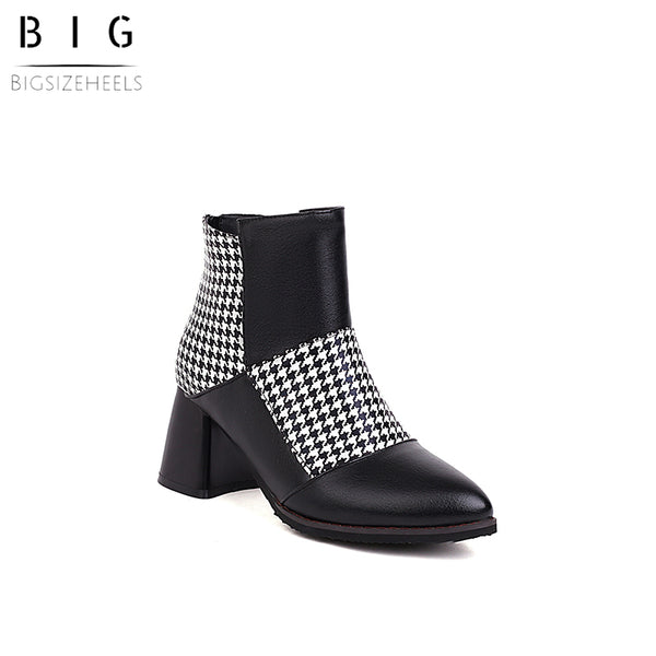 Bigsizeheels Retro thick heel Ankle Boots - Houndstooth freeshipping - bigsizeheel®-size5-size15 -All Plus Sizes Available!