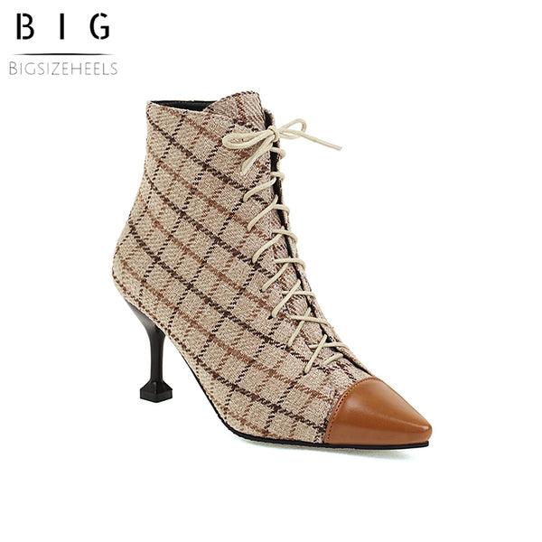 Bigsizeheels Pointed horseshoe lace-up ankle boots - Grid freeshipping - bigsizeheel®-size5-size15 -All Plus Sizes Available!