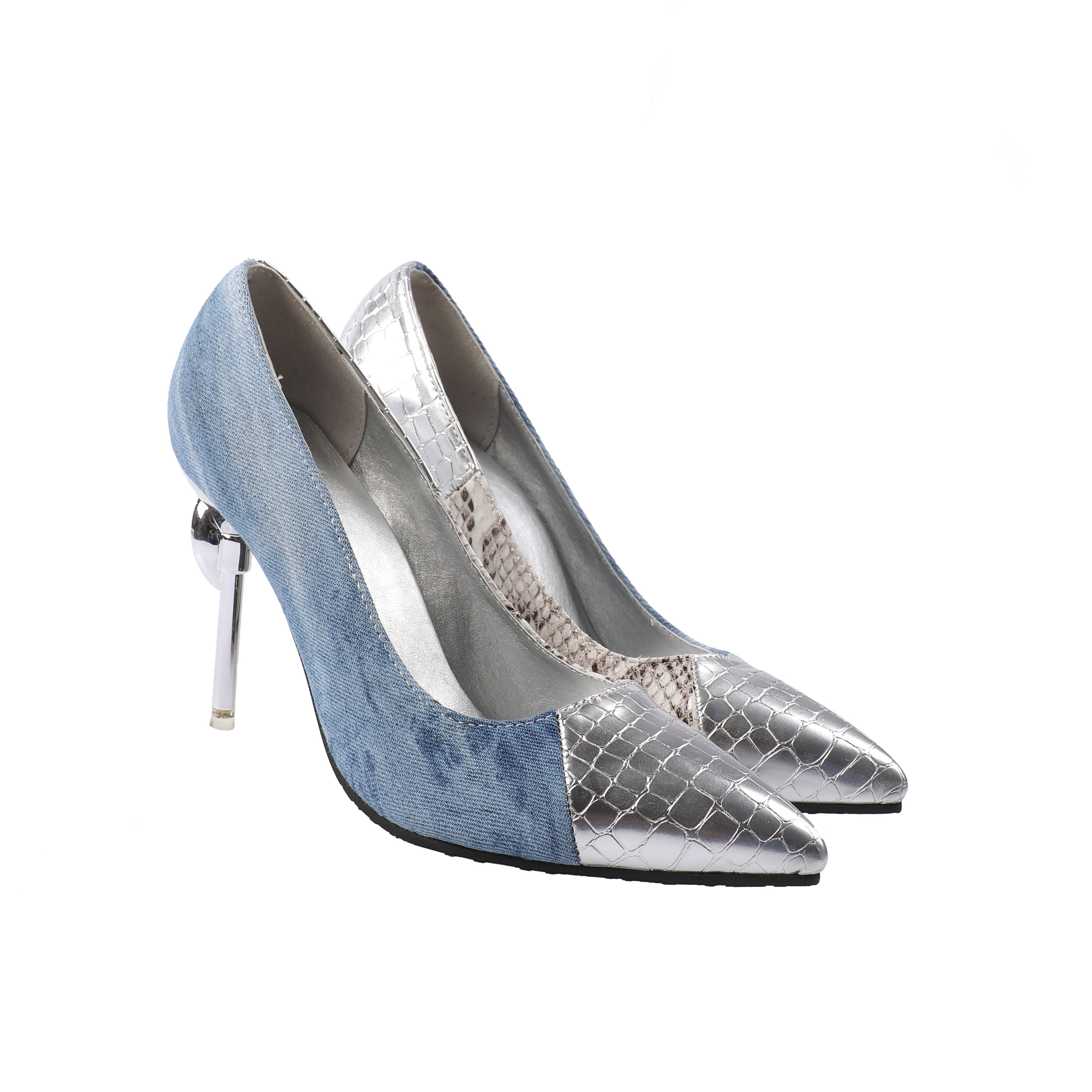 Bigsizeheels Sexy Stiletto Heel Pointed Toe Buckle Color Block Thin Shoes -Blue/Silver freeshipping - bigsizeheel®-size5-size15 -All Plus Sizes Available!