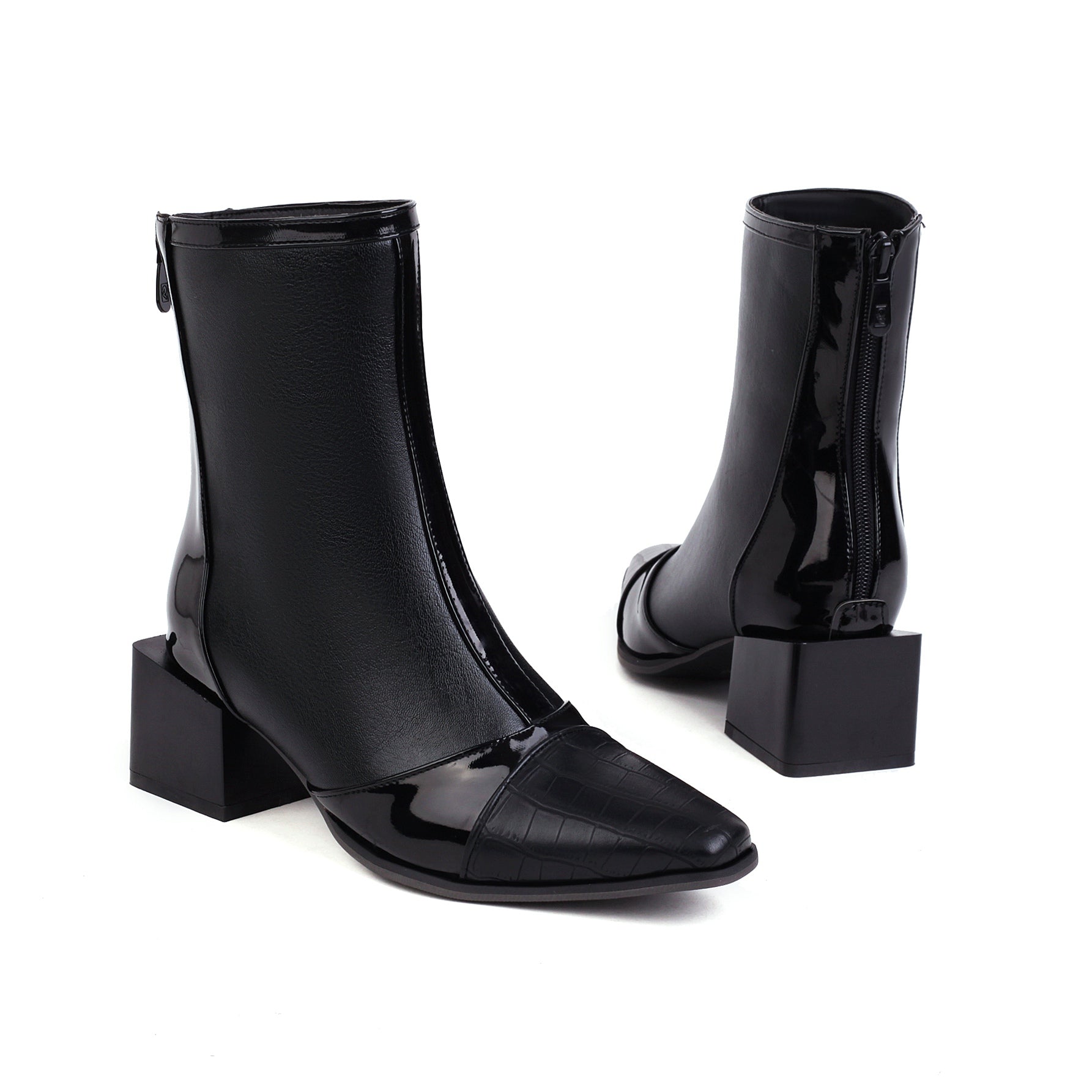 Bigsizeheels Stylish Side Zipper Pointed Toe Chunky Heel Ankle Boots - Black freeshipping - bigsizeheel®-size5-size15 -All Plus Sizes Available!