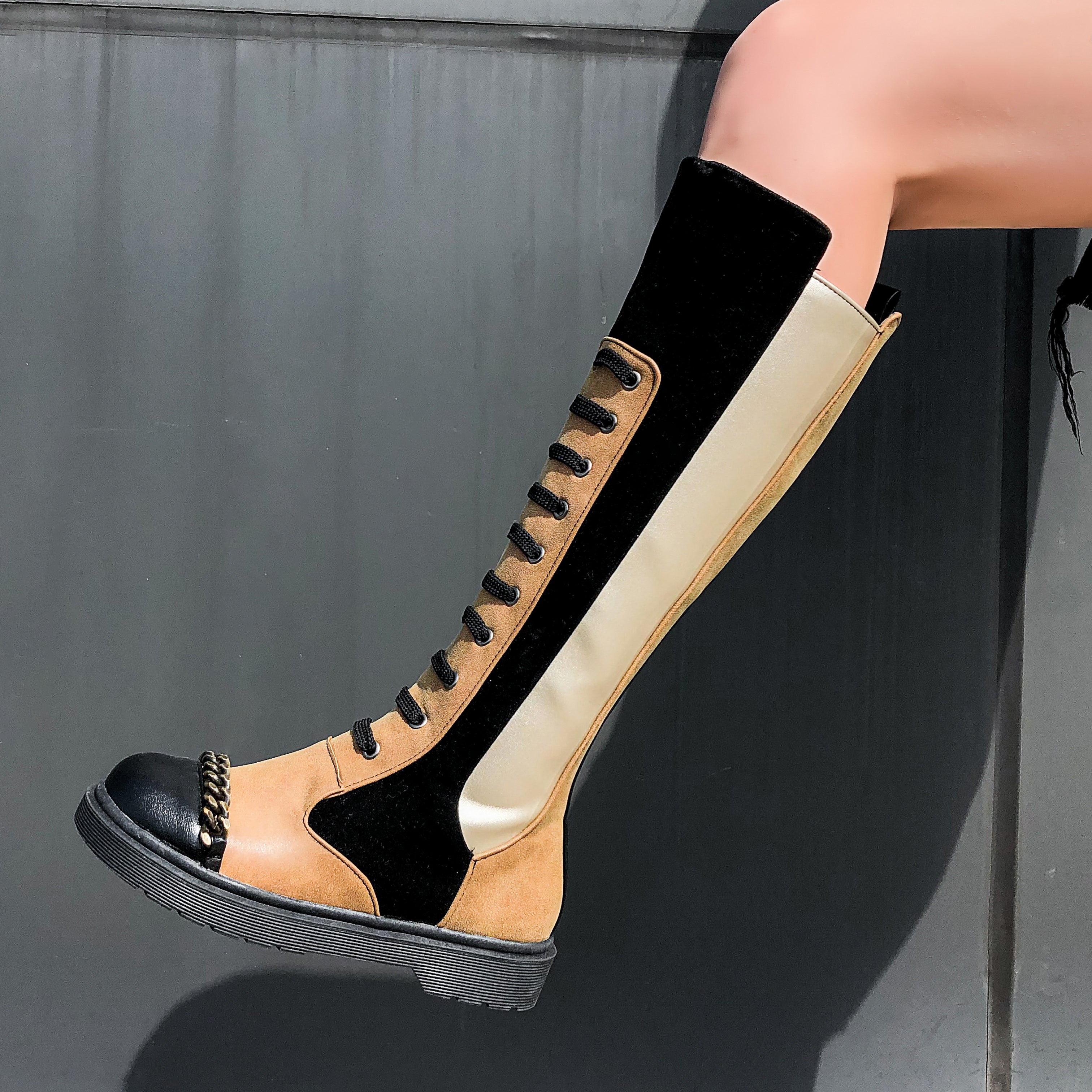 Bigsizeheels Round toe punk spliced flat boots - Brown freeshipping - bigsizeheel®-size5-size15 -All Plus Sizes Available!