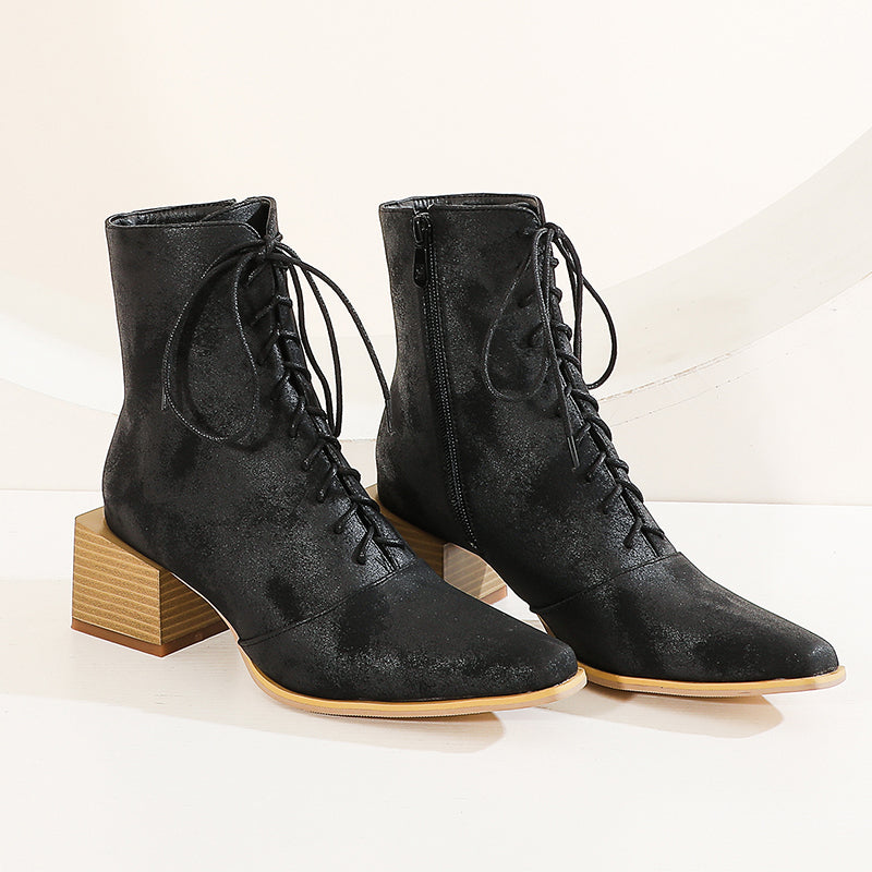 Bigsizeheels Frosted ankle boots with wooden heel straps - Black freeshipping - bigsizeheel®-size5-size15 -All Plus Sizes Available!