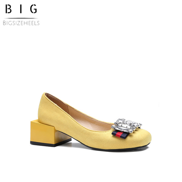 Bigsizeheels Suede square toe rhinestones with thick heels - Yellow freeshipping - bigsizeheel®-size5-size15 -All Plus Sizes Available!