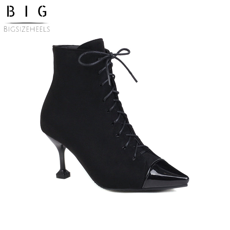 Bigsizeheels Pointed horseshoe lace-up ankle boots - Black freeshipping - bigsizeheel®-size5-size15 -All Plus Sizes Available!