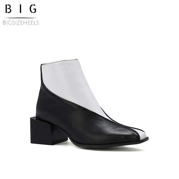 Bigsizeheels Jiek magazine stitching square heel ankle boots - White freeshipping - bigsizeheel®-size5-size15 -All Plus Sizes Available!