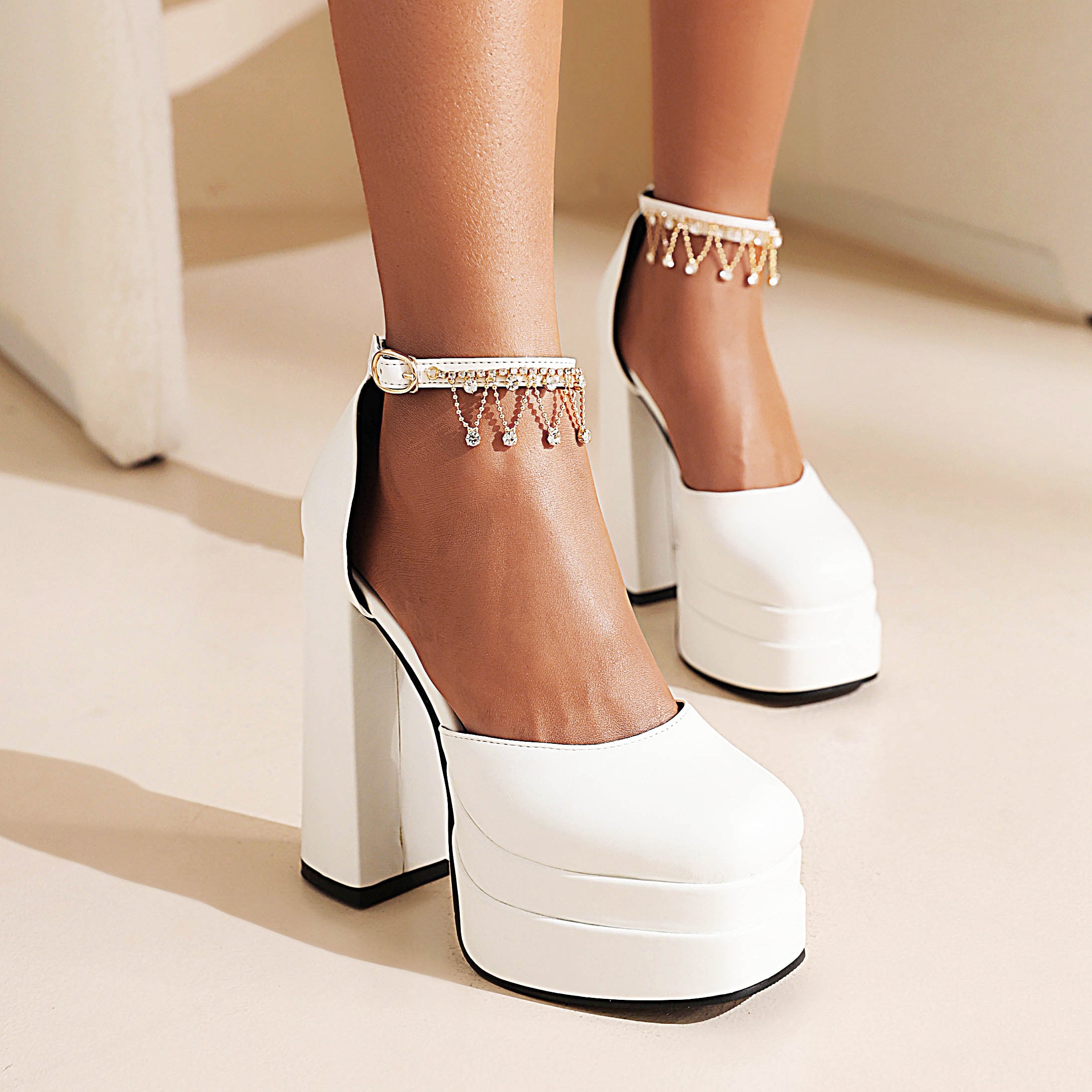Bigsizeheels Sexy  Ankle Strap Platform Sandals - White
