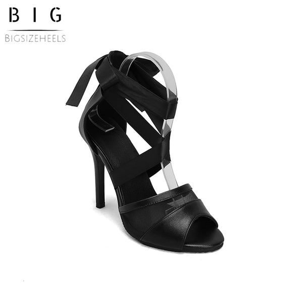 Bigsizeheels Silk Lace-up Heeled Sandals Comfortable Heels For Plus Size - Black