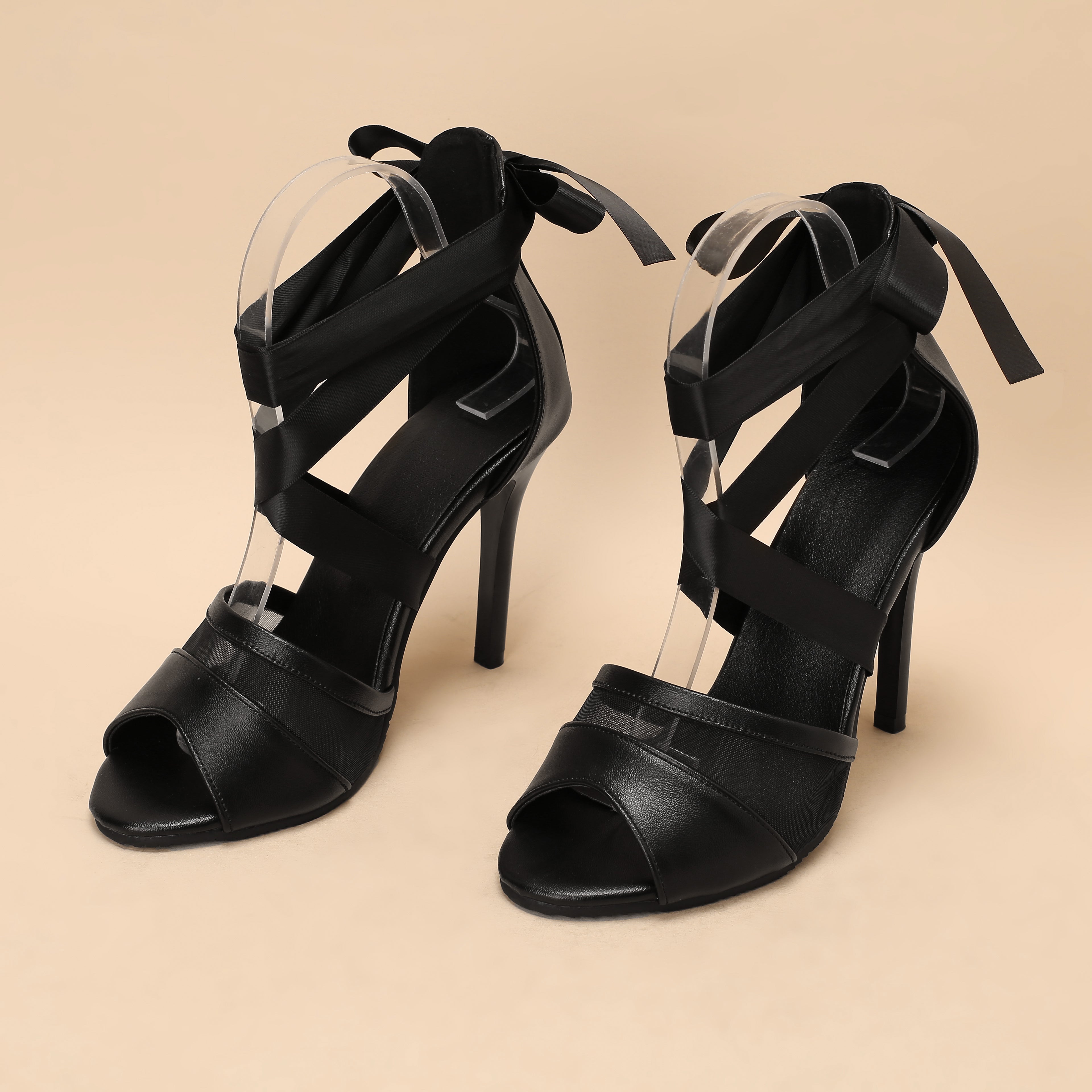 Bigsizeheels Silk Lace-up Heeled Sandals Comfortable Heels For Plus Size - Black