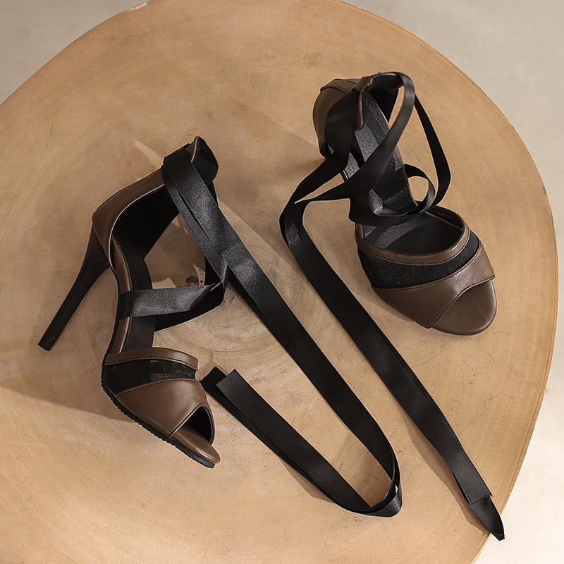 Bigsizeheels Silk Lace-up Heeled Sandals Comfortable Heels For Plus Size - Coffee