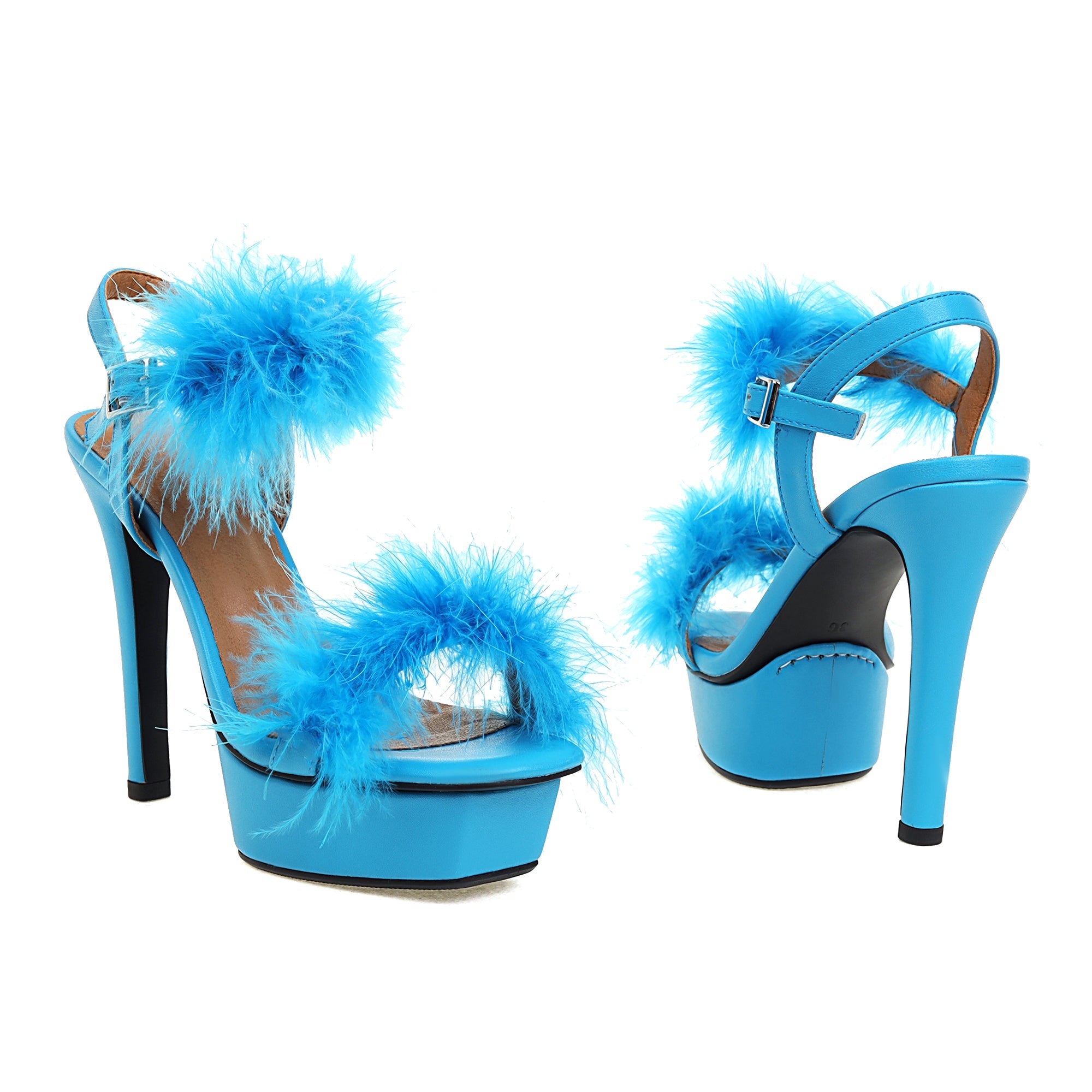 the Platform Rabbit Fur Sexy Stiletto Sandals - Blue best platfrom sandals are from bigsizeheels