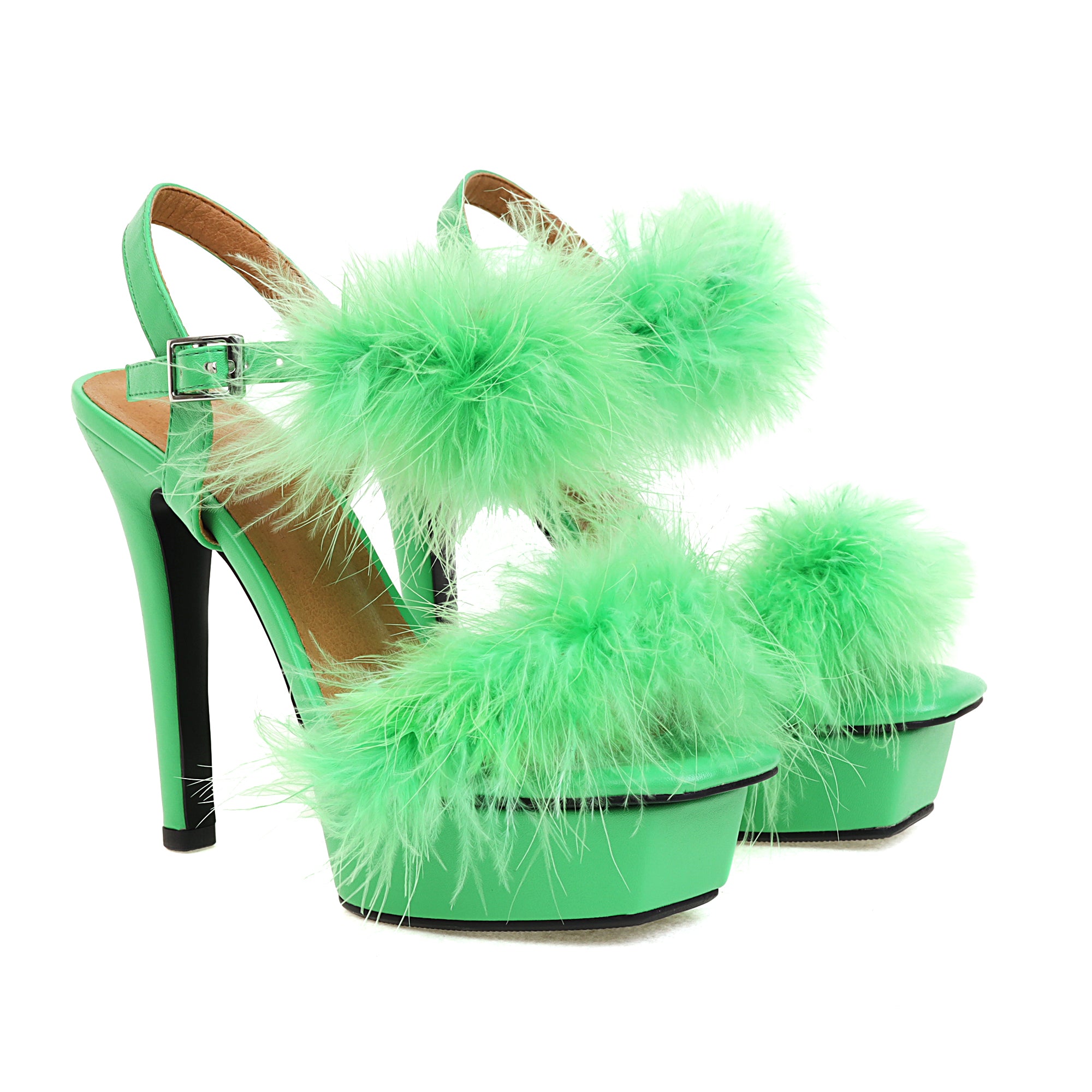 the Platform Rabbit Fur Sexy Stiletto Sandals - Green best platfrom sandals are from bigsizeheels