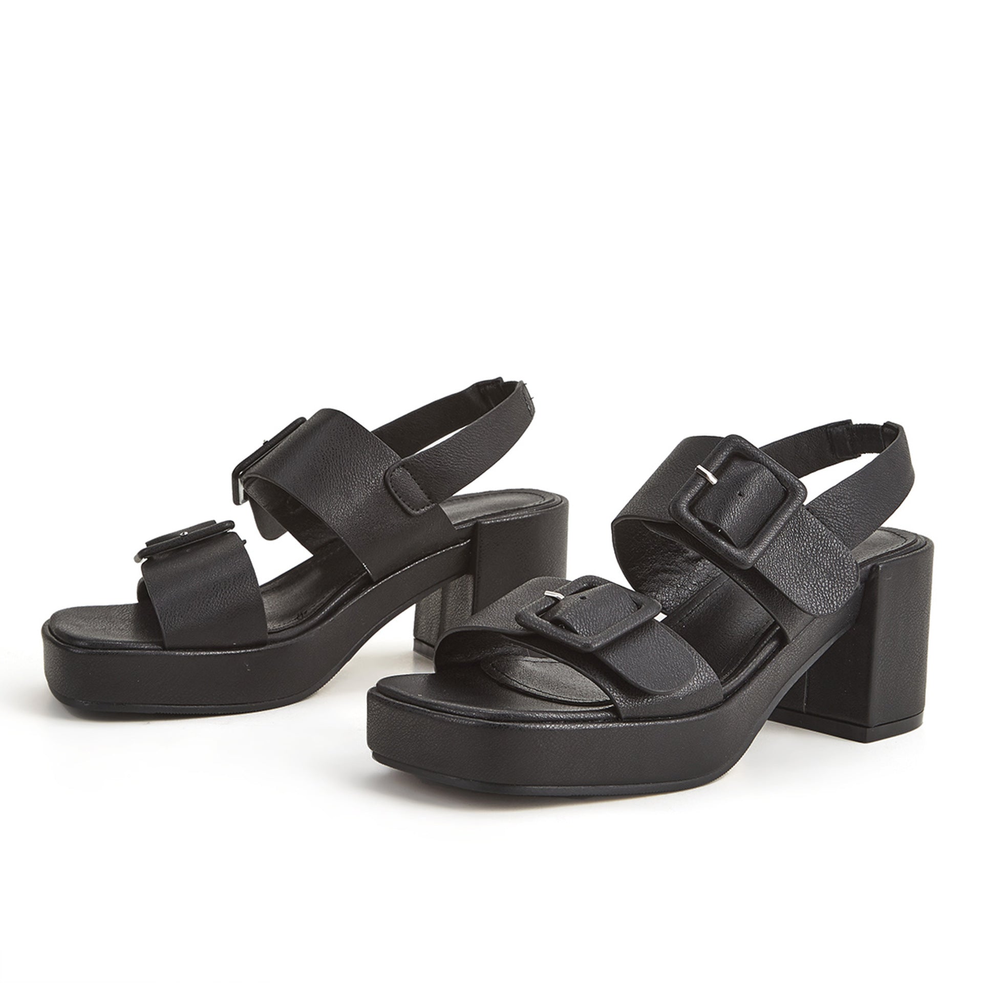 Bigsizeheels Vintage Leather Chunky Heel Platform Sandals - Black