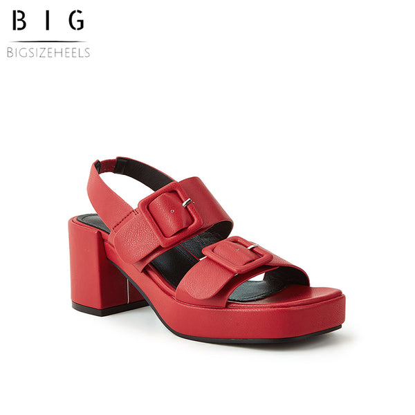 Bigsizeheels Vintage Leather Chunky Heel Platform Sandals - Red